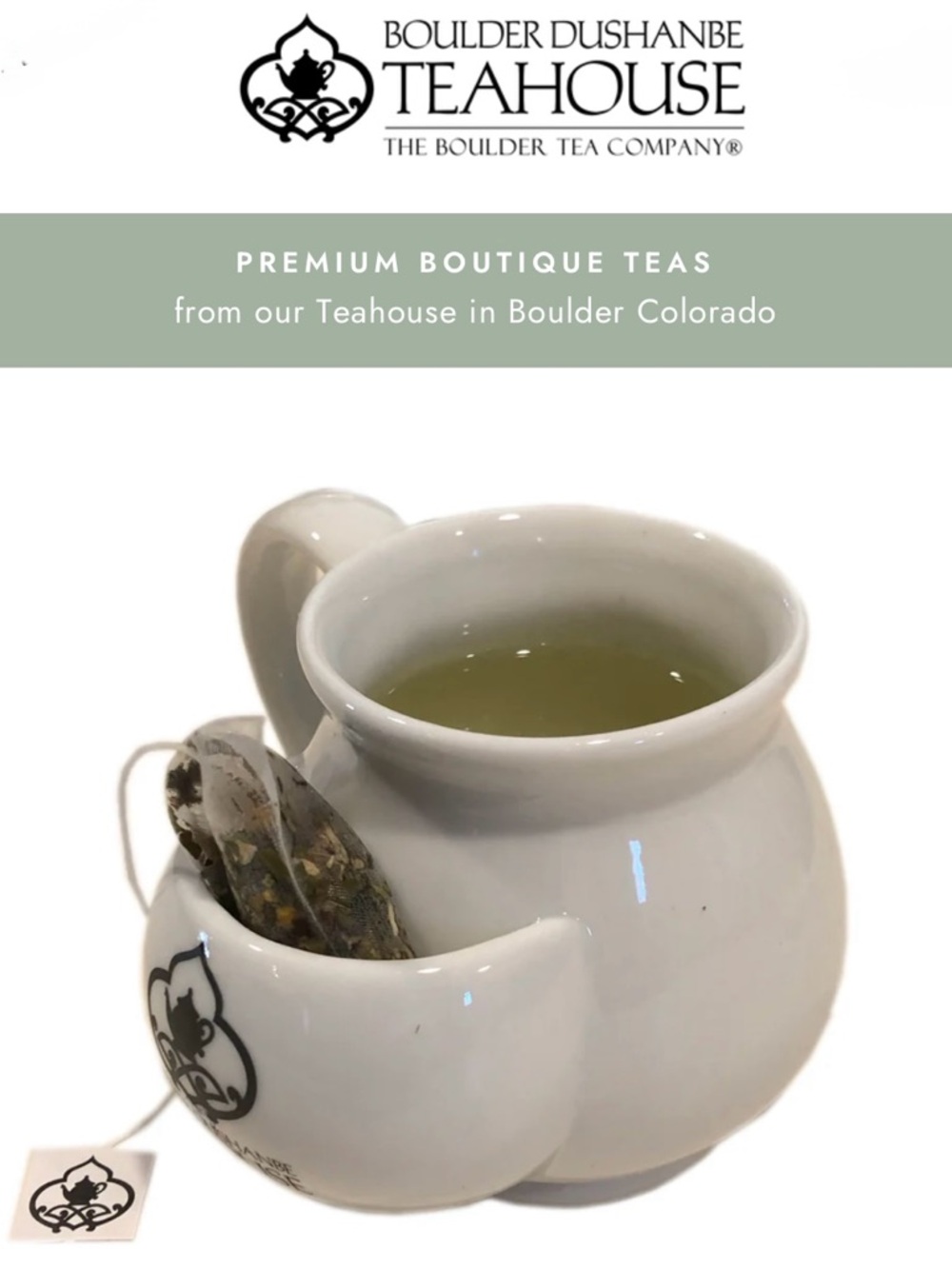 🍃 Boulder Dushanbe mug LN tea kangaroo pouch white porcelain Colorado teahouse